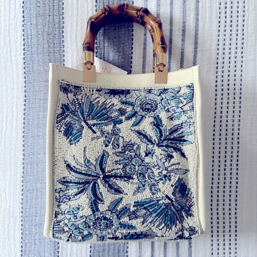 Floral Embroidered Tote Bag with Bamboo Handles